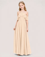 Peach Chiffon Halter Cold-Shoulder A-Line Junior Bridesmaid Dresses Side View