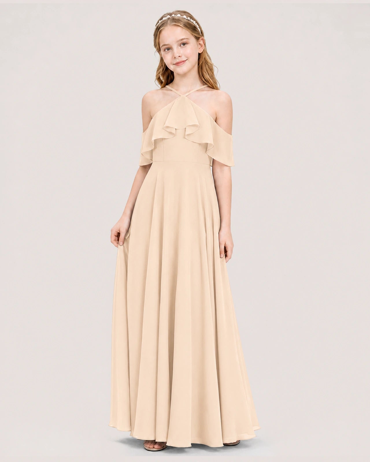 Peach Chiffon Halter Cold-Shoulder A-Line Junior Bridesmaid Dresses Side View