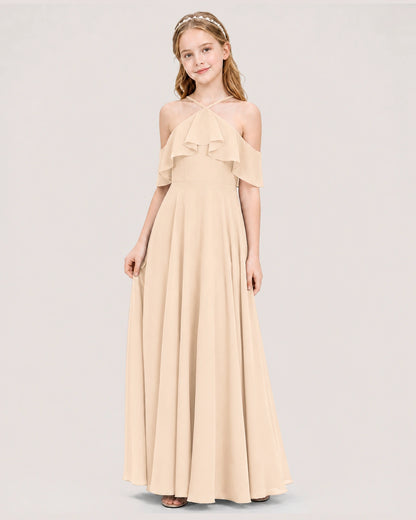 Peach Chiffon Halter Cold-Shoulder A-Line Junior Bridesmaid Dresses Side View