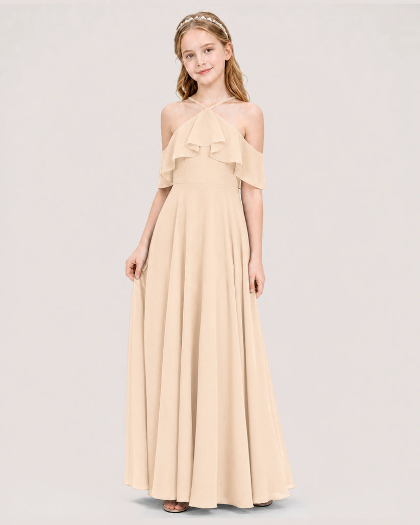 Peach Chiffon Halter Cold-Shoulder A-Line Junior Bridesmaid Dresses Side View