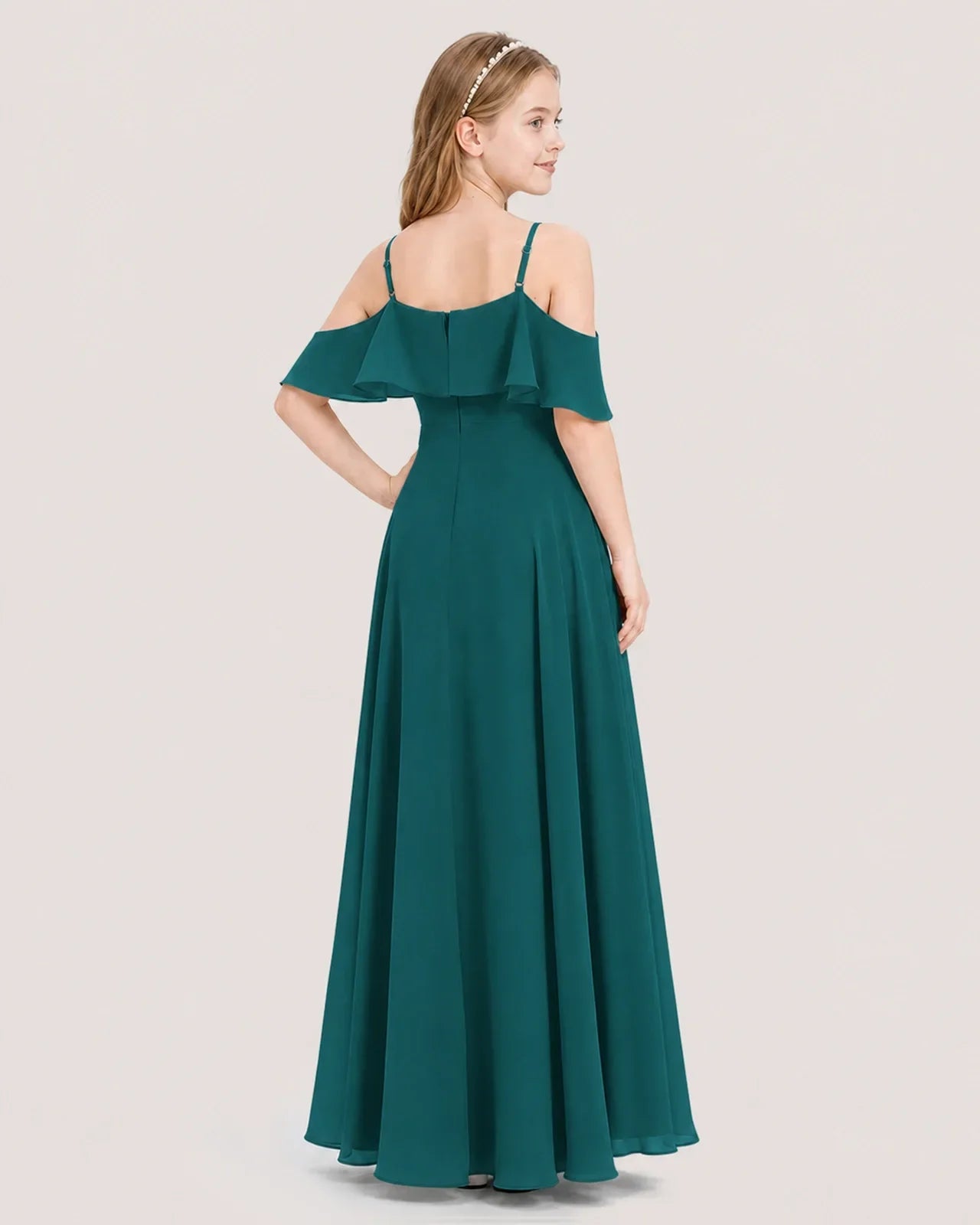 Peacock Chiffon Cold Shoulder A-Line Junior Bridesmaid Dresses Back View
