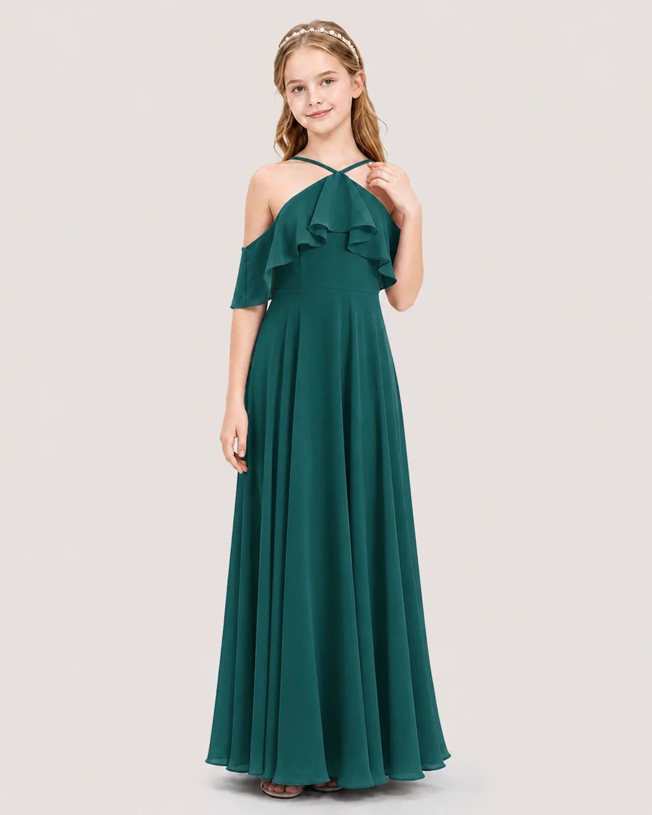 Peacock Chiffon Halter Cold Shoulder Junior Bridesmaid Dresses Front View