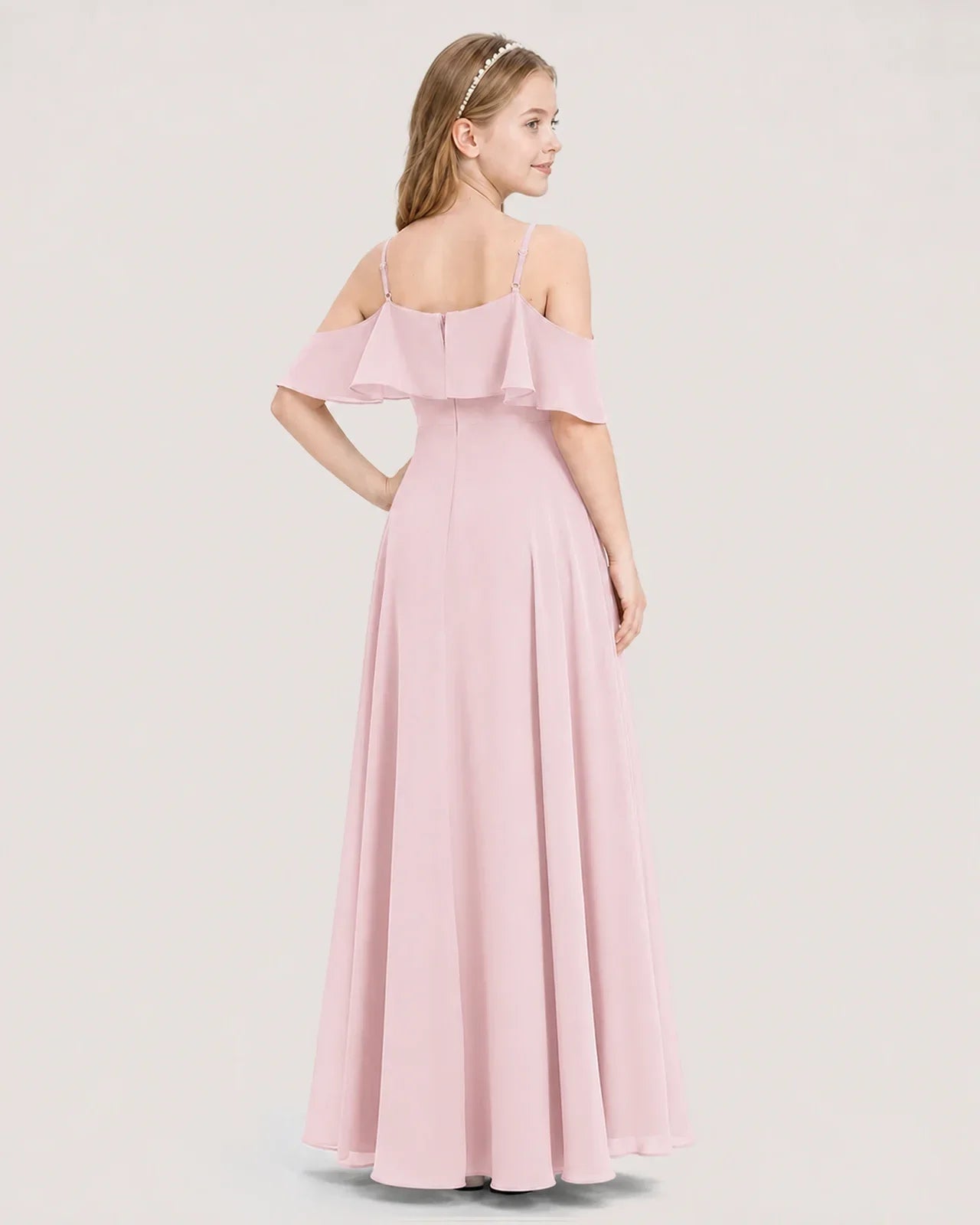 Pink Chiffon Cold Shoulder Junior Bridesmaid Dresses Back View