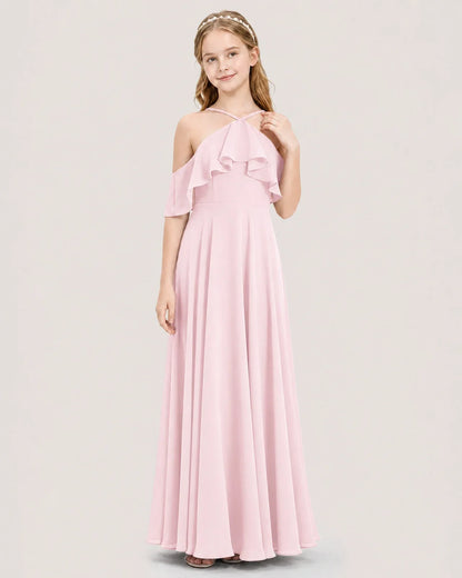 Pink Chiffon Cold Shoulder Junior Bridesmaid Dresses Front View