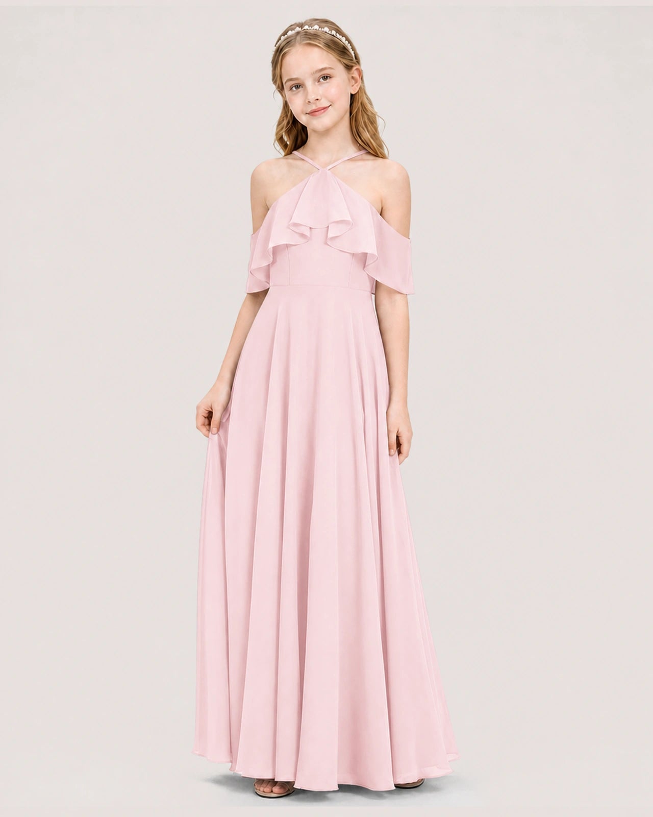 Pink Chiffon Cold-Shoulder A-Line Junior Bridesmaid Dresses Side View