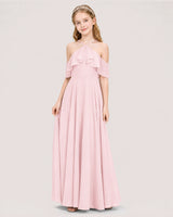 Pink Chiffon Cold-Shoulder A-Line Junior Bridesmaid Dresses Side View