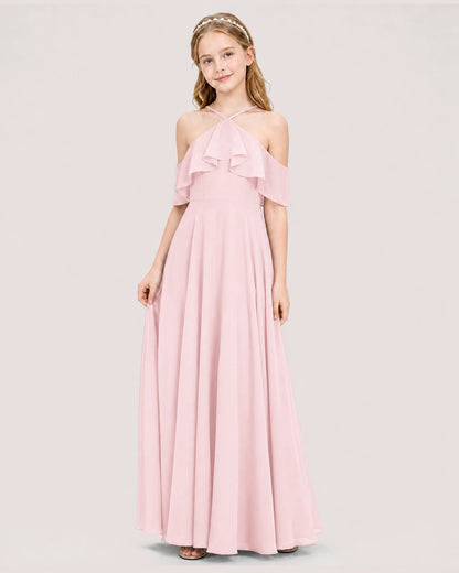 Pink Chiffon Cold-Shoulder A-Line Junior Bridesmaid Dresses Side View