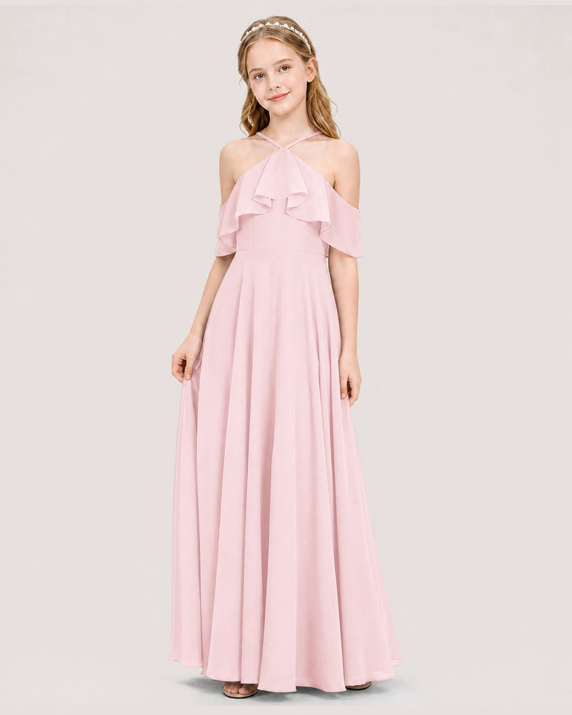 Pink Chiffon Cold-Shoulder A-Line Junior Bridesmaid Dresses Side View