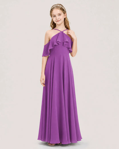 Purple chiffon halter cold shoulder junior bridesmaid dresses, Front View