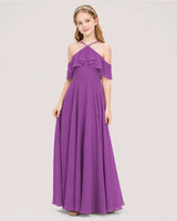 Purple chiffon halter cold shoulder junior bridesmaid dress, side view