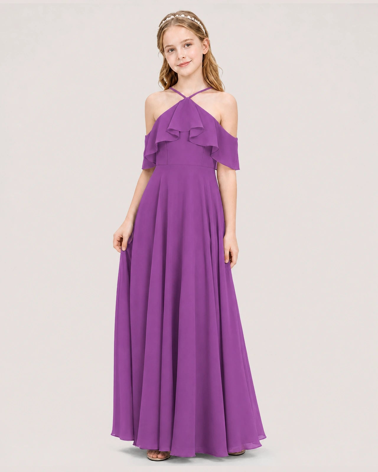 Purple chiffon halter cold shoulder junior bridesmaid dress, side view