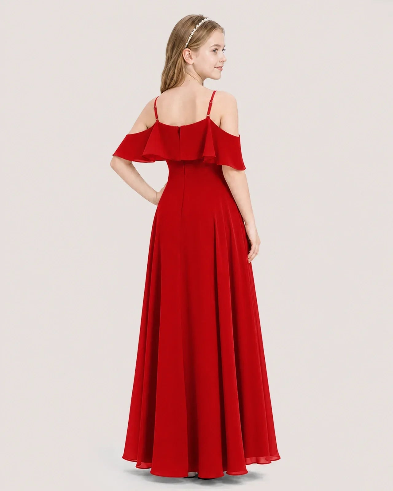 Red Chiffon Cold Shoulder Junior Bridesmaid Dresses Back View