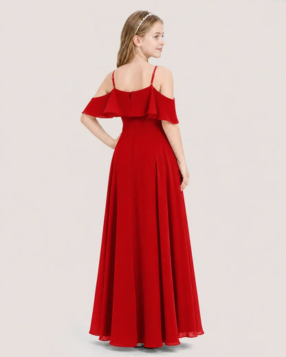 Red Chiffon Cold Shoulder Junior Bridesmaid Dresses Back View