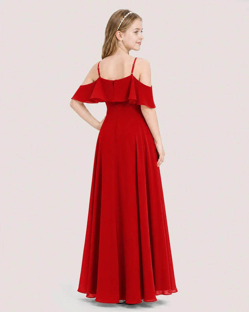 Red Chiffon Cold Shoulder Junior Bridesmaid Dresses Back View