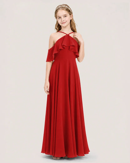 Red Chiffon Halter Cold-Shoulder Junior Bridesmaid Dresses Front View
