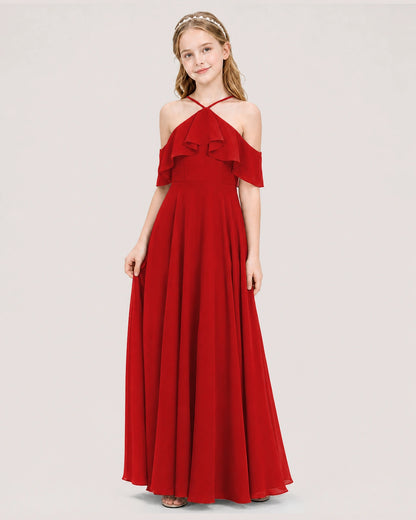 Red Chiffon Halter Cold Shoulder Junior Bridesmaid Dresses Side View