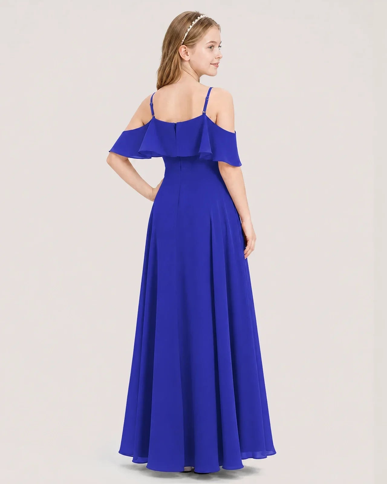 Royal Blue Chiffon Cold Shoulder A-Line Junior Bridesmaid Dresses Back View