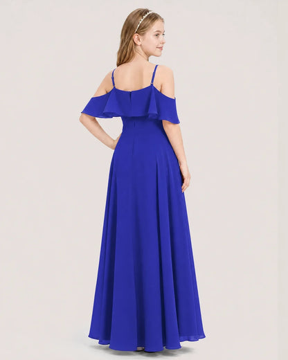 Royal Blue Chiffon Cold Shoulder A-Line Junior Bridesmaid Dresses Back View