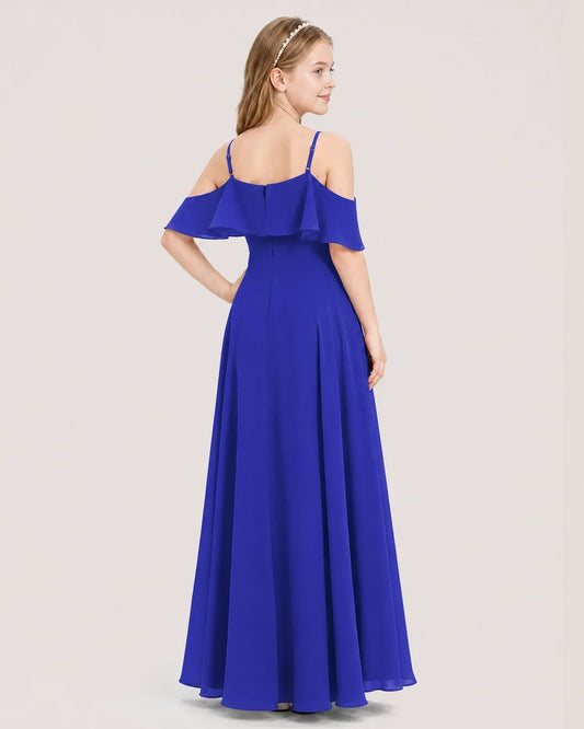Royal Blue Chiffon Cold Shoulder A-Line Junior Bridesmaid Dresses Back View