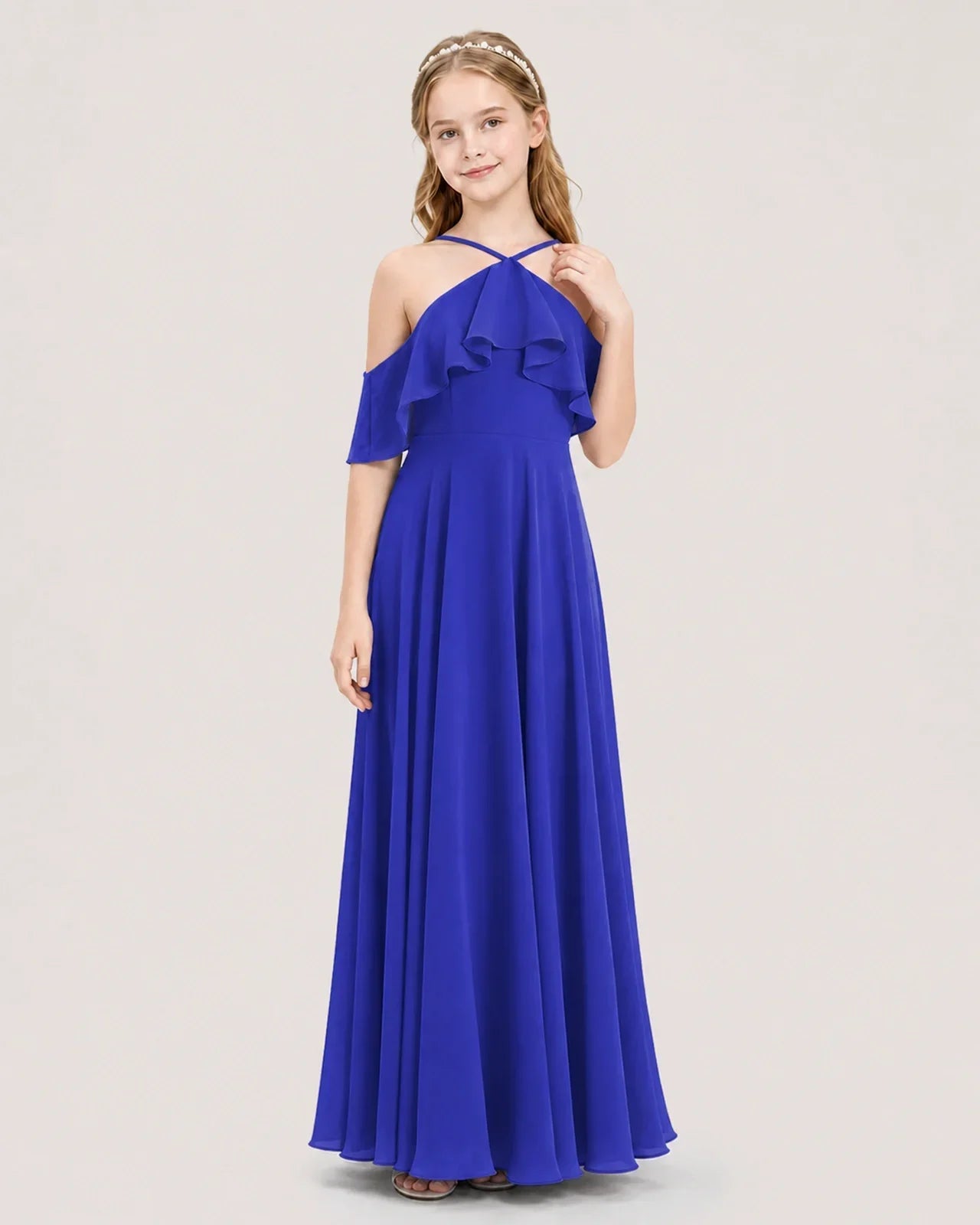 Royal Blue Chiffon Halter Cold Shoulder Junior Bridesmaid Dresses Front View