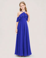 Royal Blue Chiffon Halter Cold Shoulder Junior Bridesmaid Dresses Front View
