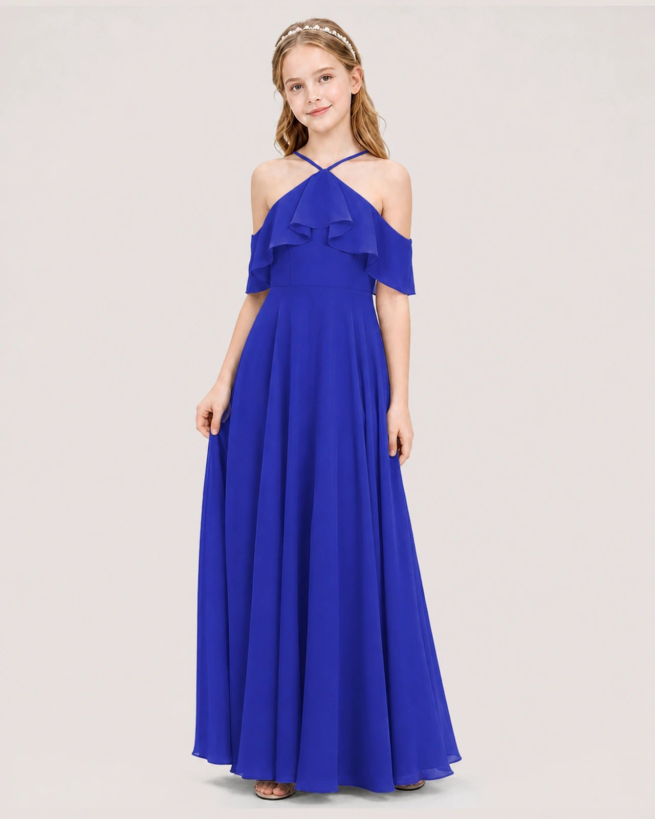 Royal Blue Chiffon Halter Cold Shoulder Junior Bridesmaid Dresses Side View