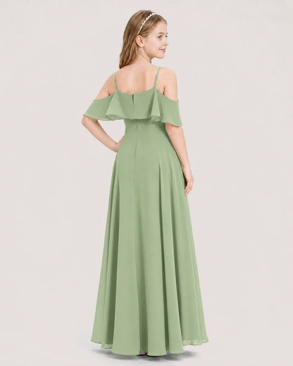 Sage Green Chiffon Cold Shoulder Junior Bridesmaid Dresses Back View