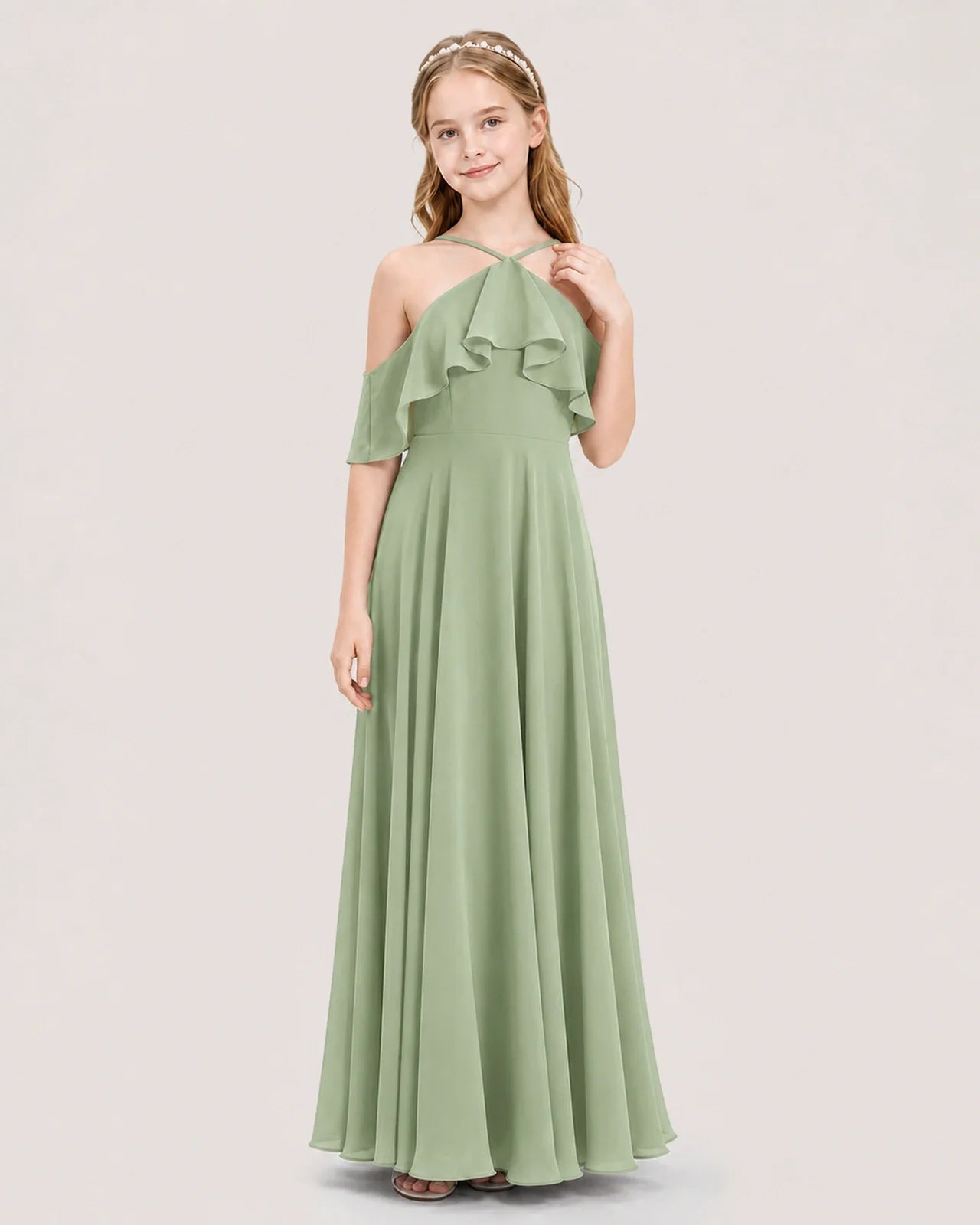 Sage Green Chiffon Halter Cold Shoulder Junior Bridesmaid Dresses Front View