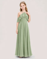 Sage Green Chiffon Halter Cold Shoulder Junior Bridesmaid Dresses Front View