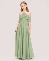 Sage green chiffon cold shoulder halter junior bridesmaid dress, side view.