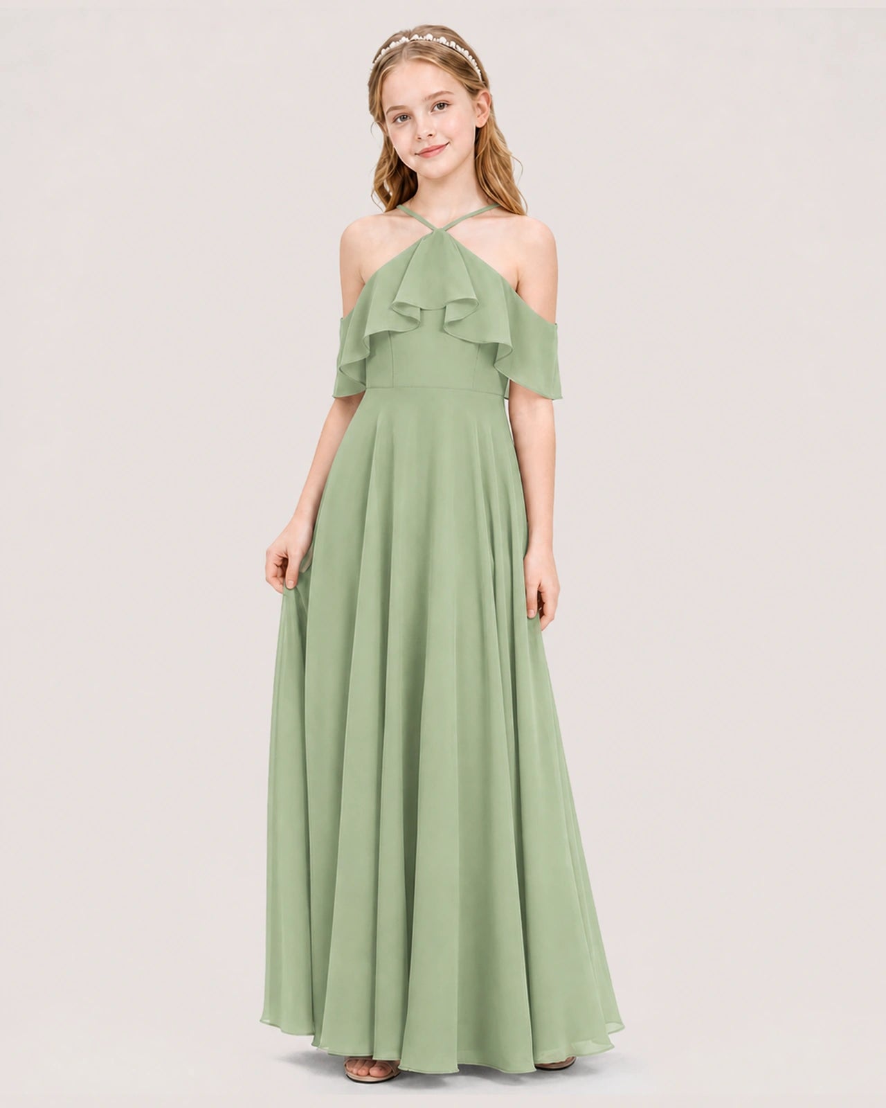 Sage green chiffon cold shoulder halter junior bridesmaid dress, side view.