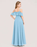 Sky Blue Chiffon Ruffled Cold Shoulder Junior Bridesmaid Dresses Back View