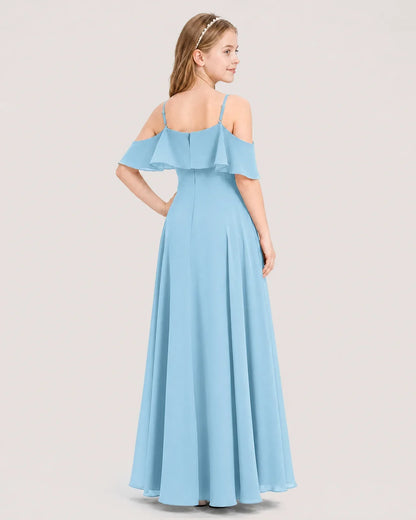Sky Blue Chiffon Ruffled Cold Shoulder Junior Bridesmaid Dresses Back View
