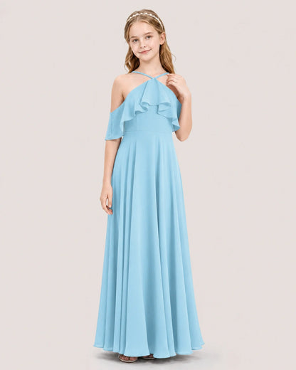 Sky blue chiffon cold shoulder junior bridesmaid dress, front view.