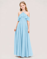 Sky Blue Chiffon Halter Cold Shoulder Junior Bridesmaid Dresses Side View