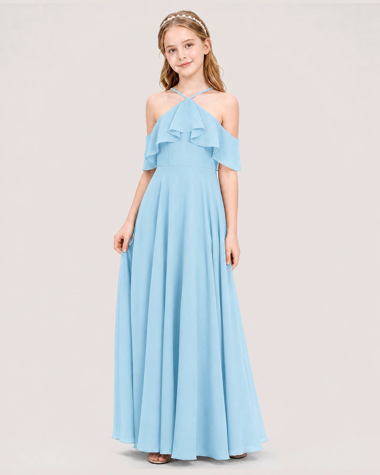 Sky Blue Chiffon Halter Cold Shoulder Junior Bridesmaid Dresses Side View