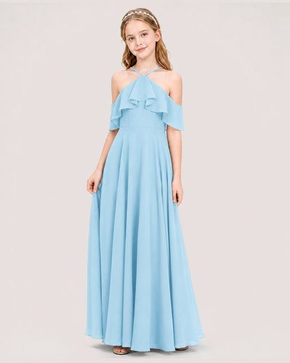 Sky Blue Chiffon Halter Cold Shoulder Junior Bridesmaid Dresses Side View