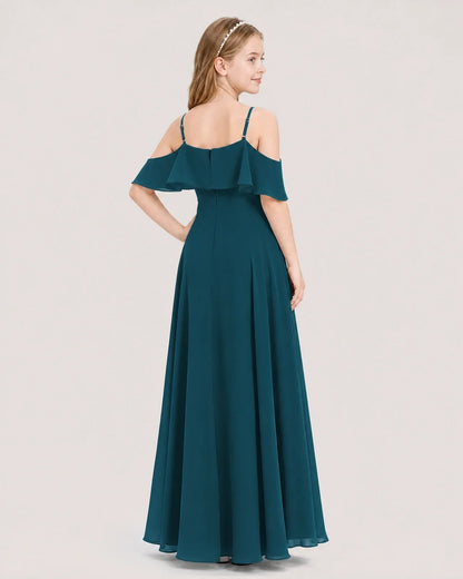 Teal Chiffon Off Shoulder Junior Bridesmaid Dresses Back View