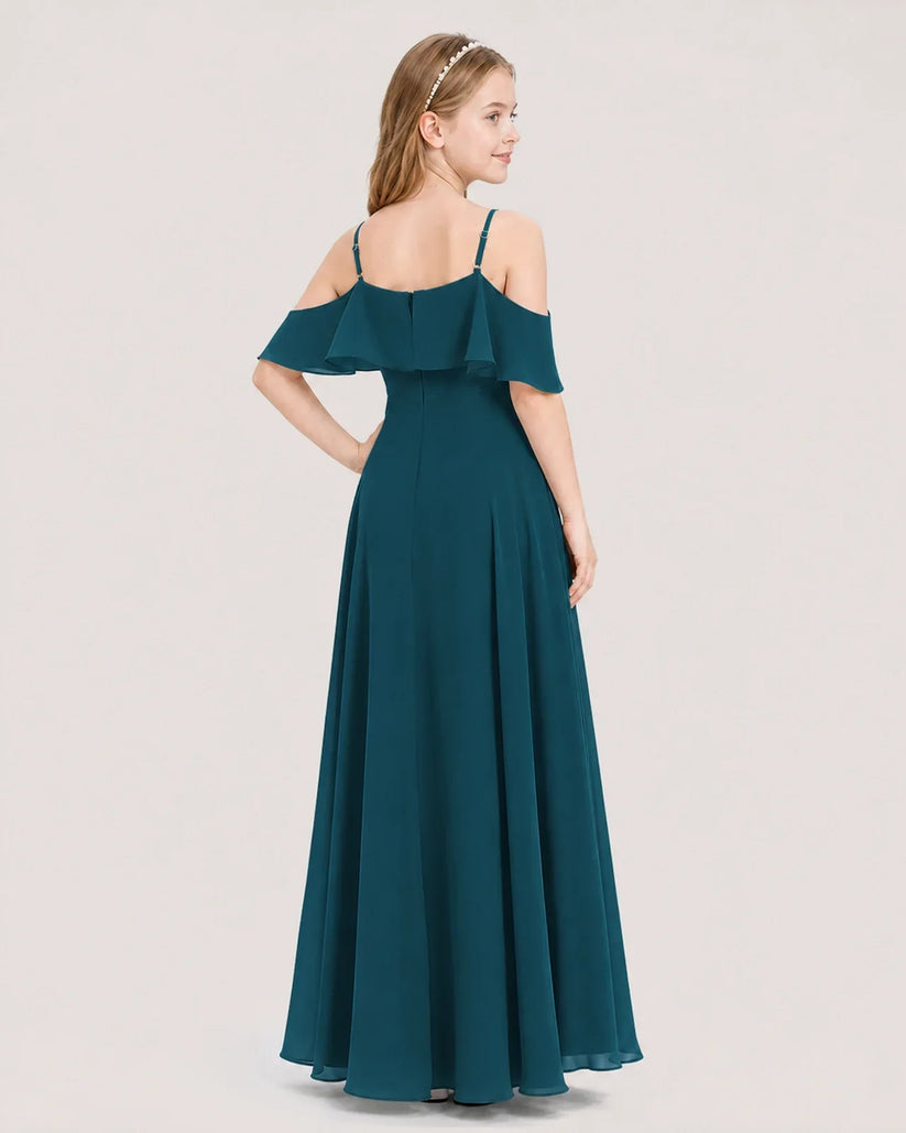 Teal Chiffon Off Shoulder Junior Bridesmaid Dresses Back View