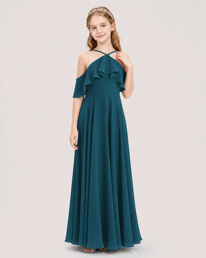 Teal Chiffon Ruffled Halter Junior Bridesmaid Dresses Front View