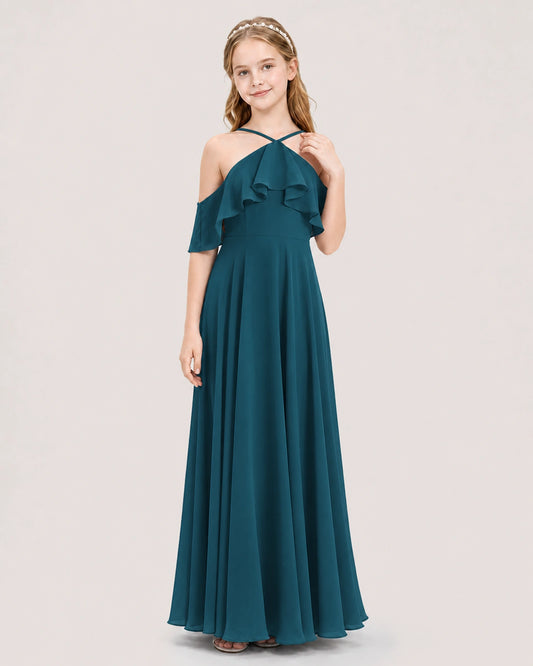 Teal Chiffon Ruffled Halter Junior Bridesmaid Dresses Front View