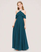 Teal Chiffon Ruffle Halter Junior Bridesmaid Dresses Side View