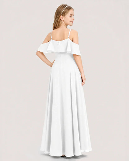 White Chiffon Cold Shoulder Junior Bridesmaid Dresses Back View