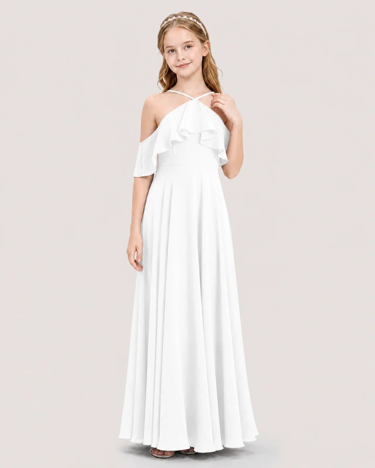 White Chiffon Cold Shoulder Junior Bridesmaid Dresses Front View