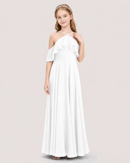 White Chiffon Cold Shoulder Junior Bridesmaid Dresses Front View