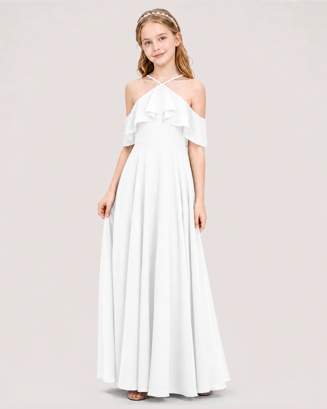 White Chiffon Cold Shoulder Junior Bridesmaid Dresses Side View