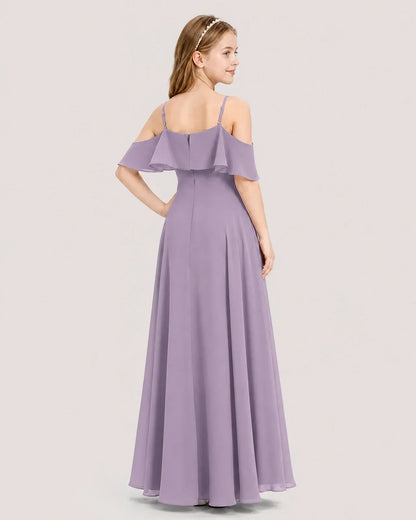 Wisteria Chiffon Cold Shoulder A-Line Junior Bridesmaid Dresses Back View