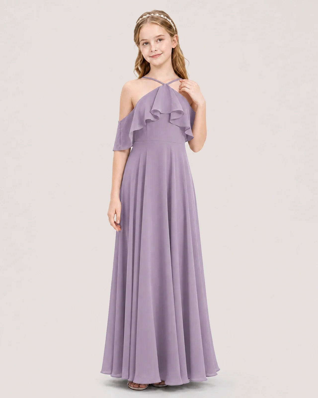 Wisteria Chiffon Halter Ruffle Junior Bridesmaid Dresses Front View
