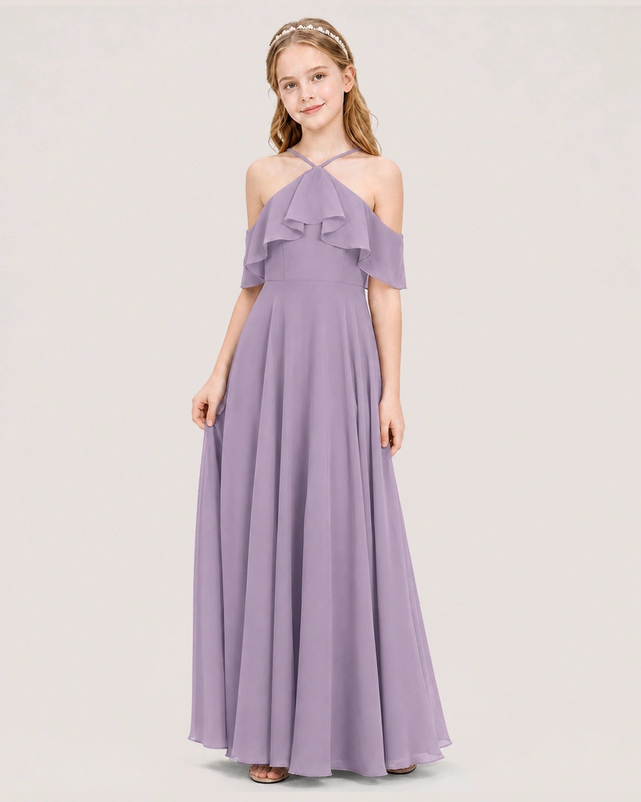 Wisteria Chiffon Halter Cold Shoulder Junior Bridesmaid Dresses Side View