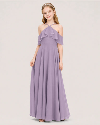 Wisteria Chiffon Halter Cold Shoulder Junior Bridesmaid Dresses Side View